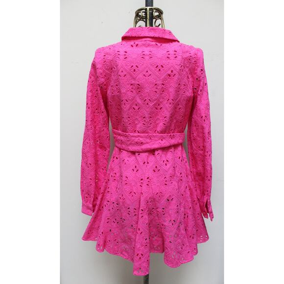 Sezane Pink Sol Swing Lace Crochet Button Down Mini Shirt Dress Size 34/US 2 - Picture 4 of 5